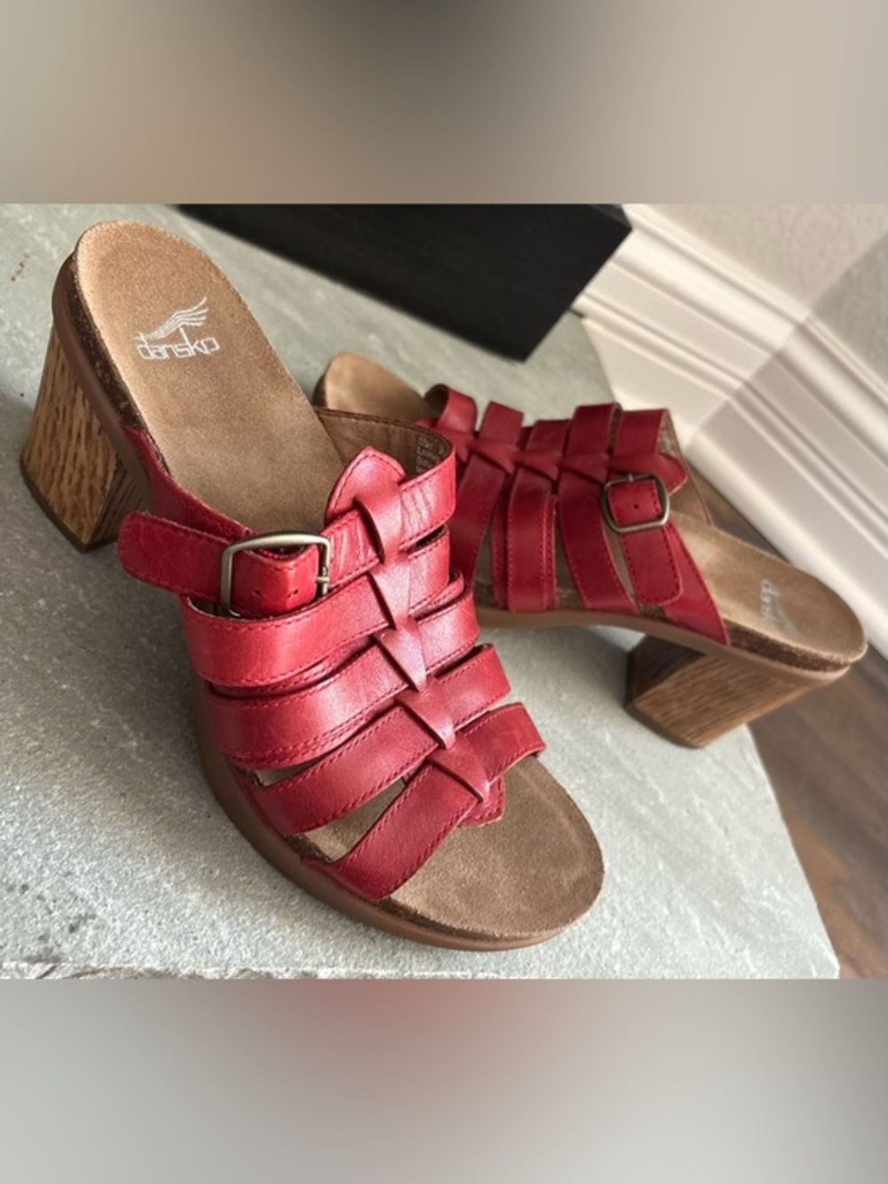 DANSKO Dina Red Leather High Heel Strappy Open Toe Slide Sandal Women's Size‎ 38